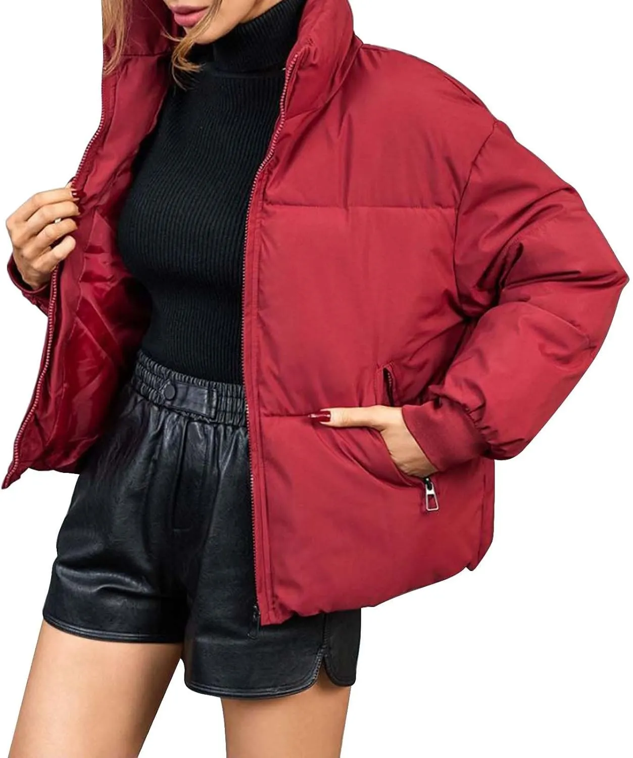 Women Winter Puffer Jacket Stand Collar Zip Up Quilted Outwear Baggy Packable Short Down Coats