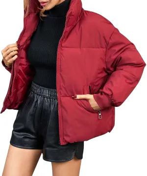Women Winter Puffer Jacket Stand Collar Zip Up Quilted Outwear Baggy Packable Short Down Coats