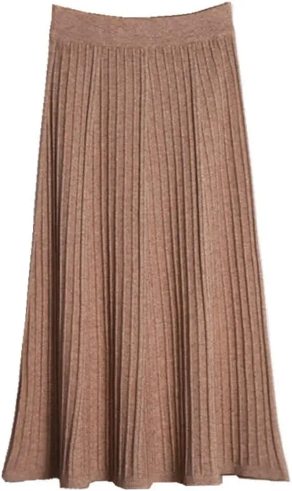 Women Winter Warm Knitted Skirt Elastic High Waist Pleated Knit Casual All Match Long Midi Skirt