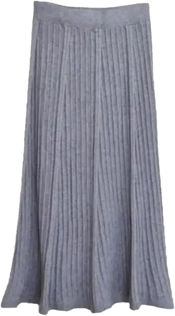 Women Winter Warm Knitted Skirt Elastic High Waist Pleated Knit Casual All Match Long Midi Skirt
