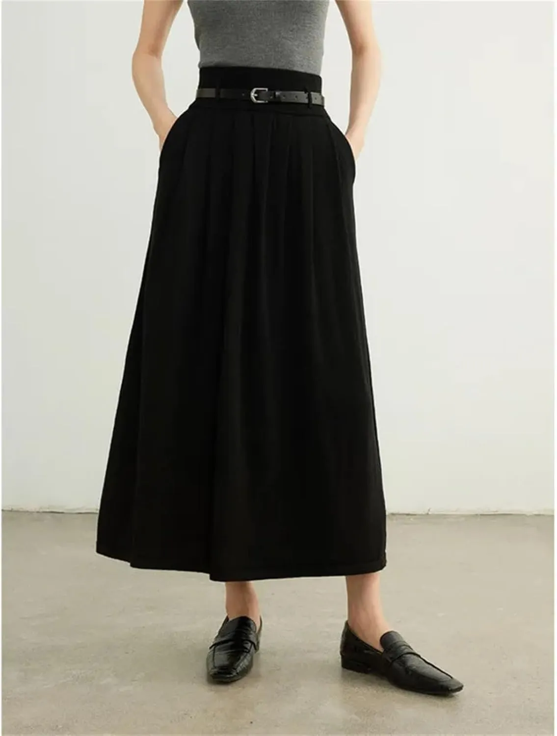 Women Winter Wool Knitted Pleated Skirt Elastic Waist Loose A-Line Casual Midi Skirts Holiday Skirt