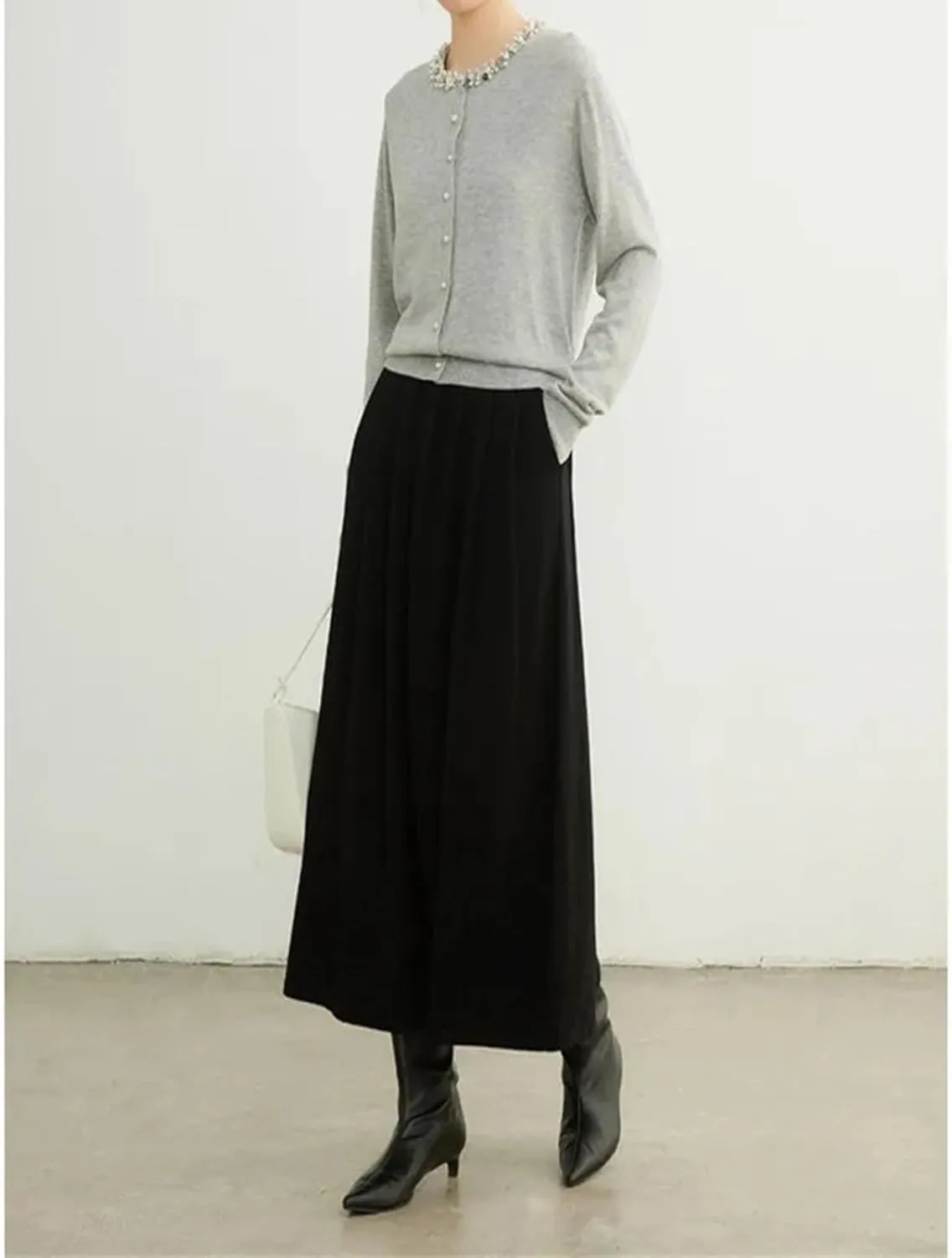 Women Winter Wool Knitted Pleated Skirt Elastic Waist Loose A-Line Casual Midi Skirts Holiday Skirt