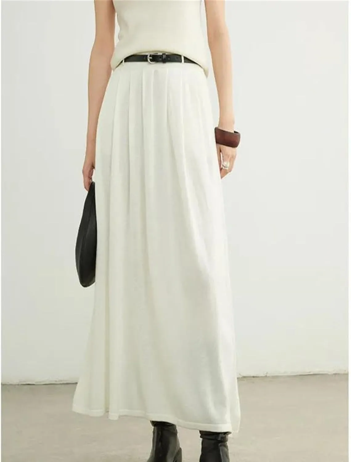 Women Winter Wool Knitted Pleated Skirt Elastic Waist Loose A-Line Casual Midi Skirts Holiday Skirt