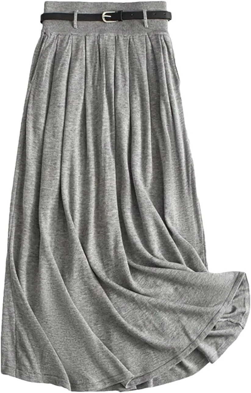 Women Winter Wool Knitted Pleated Skirt Elastic Waist Loose A-Line Casual Midi Skirts Holiday Skirt