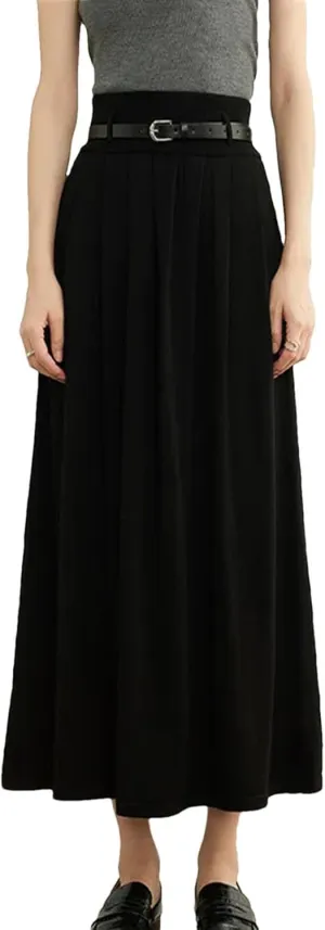 Women Winter Wool Knitted Pleated Skirt Elastic Waist Loose A-Line Casual Midi Skirts Holiday Skirt