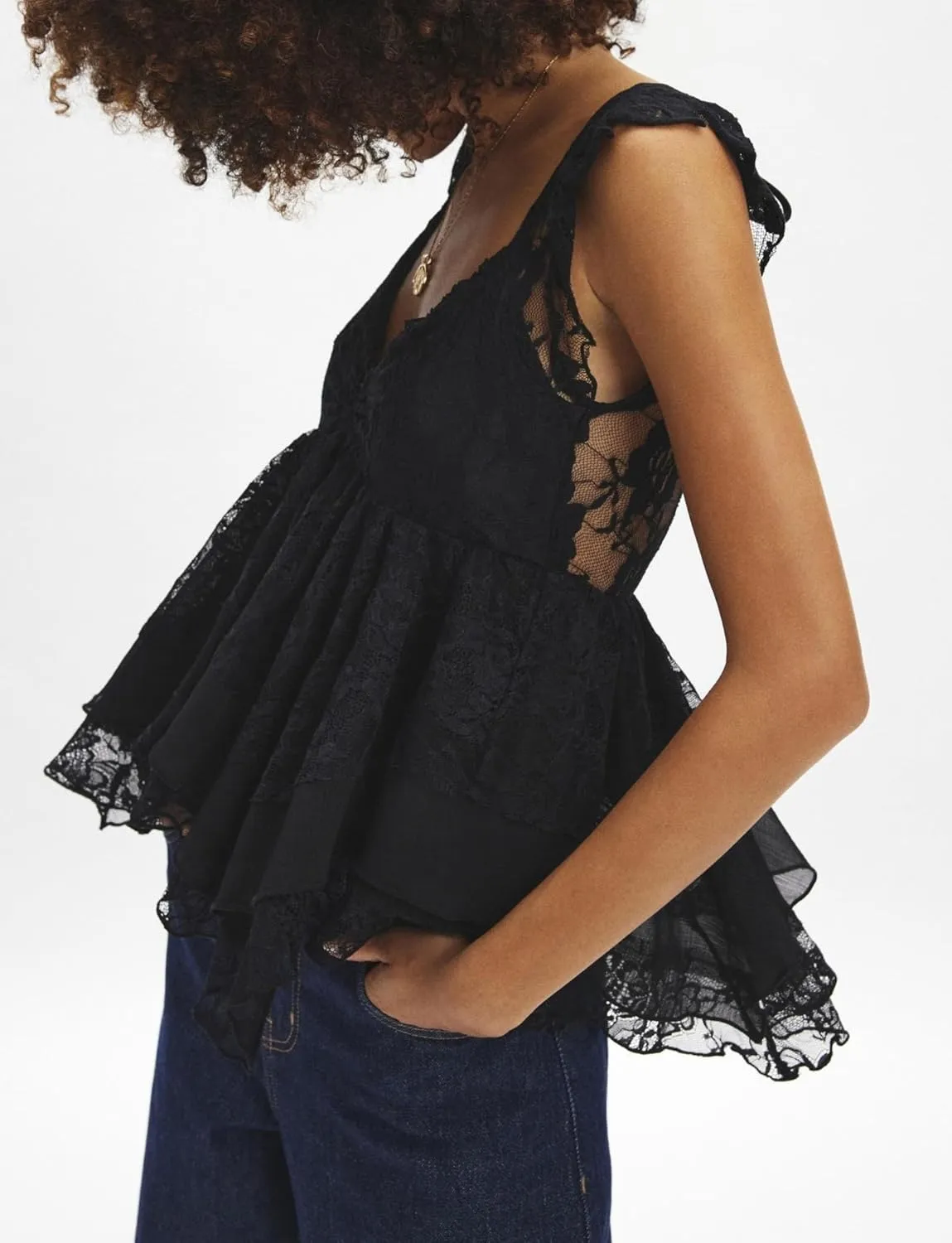 Women Y2k Lace Cap Sleeve Shirt Sweetheart Neck Mesh Peplum Crop Tops Irregular Hem Ruffle Babydoll Camisole