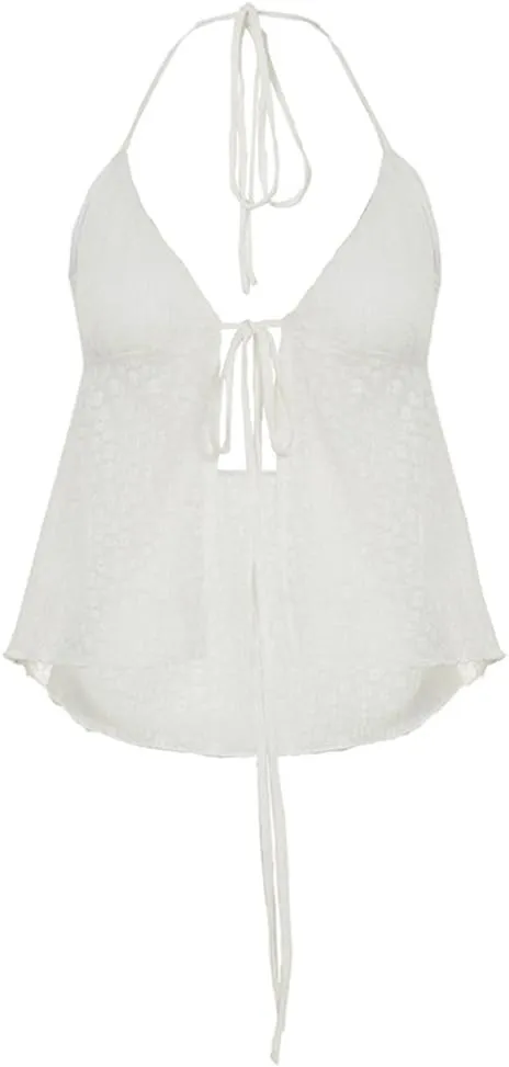 Women Y2K Lace Trim Tie Front Tank Tops Cute Ruffle Sleeveless Sheer Vest Summer Going Out Cami Shirt