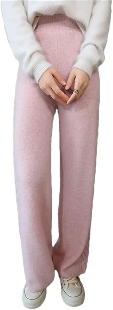 Women's 100% Merino Wool Wide Leg Pants Elastic Waist Ribbed Knitted Trousers Winter Thickened Warm Sweatpants