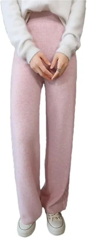 Women's 100% Merino Wool Wide Leg Pants Elastic Waist Ribbed Knitted Trousers Winter Thickened Warm Sweatpants