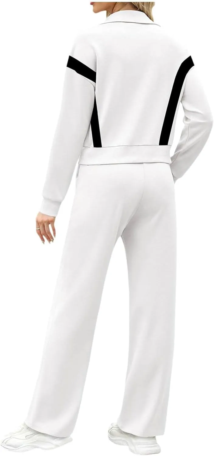 Women's 2 Piece Athleisure Set, Half High Neck Zip Jacket, Wide Leg Elastic High Waisted Pockets Pants Jogging Outfit