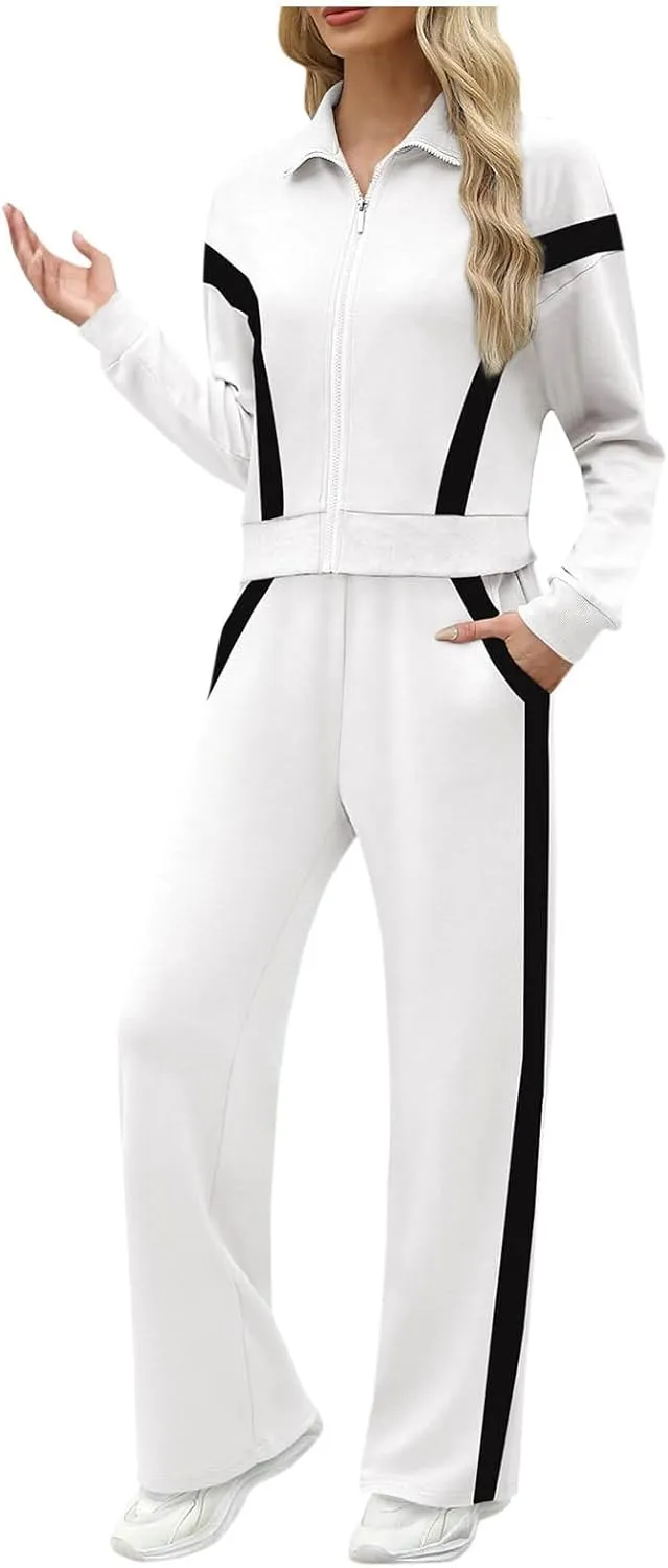 Women's 2 Piece Athleisure Set, Half High Neck Zip Jacket, Wide Leg Elastic High Waisted Pockets Pants Jogging Outfit