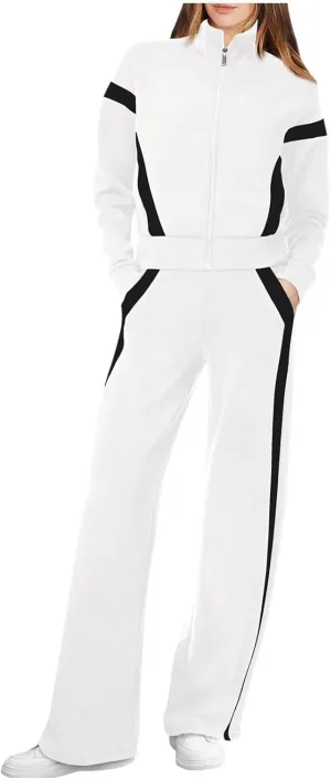 Women's 2 Piece Athleisure Set, Half High Neck Zip Jacket, Wide Leg Elastic High Waisted Pockets Pants Jogging Outfit