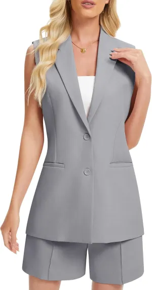 Women's 2 Piece Outfits Sleeveless Suit Vest and Shorts Sets Notch Lapel Two Button Business Casual Blazer Sets
