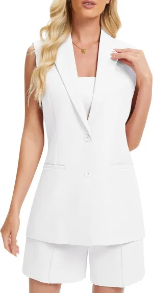 Women's 2 Piece Outfits Sleeveless Suit Vest and Shorts Sets Notch Lapel Two Button Business Casual Blazer Sets
