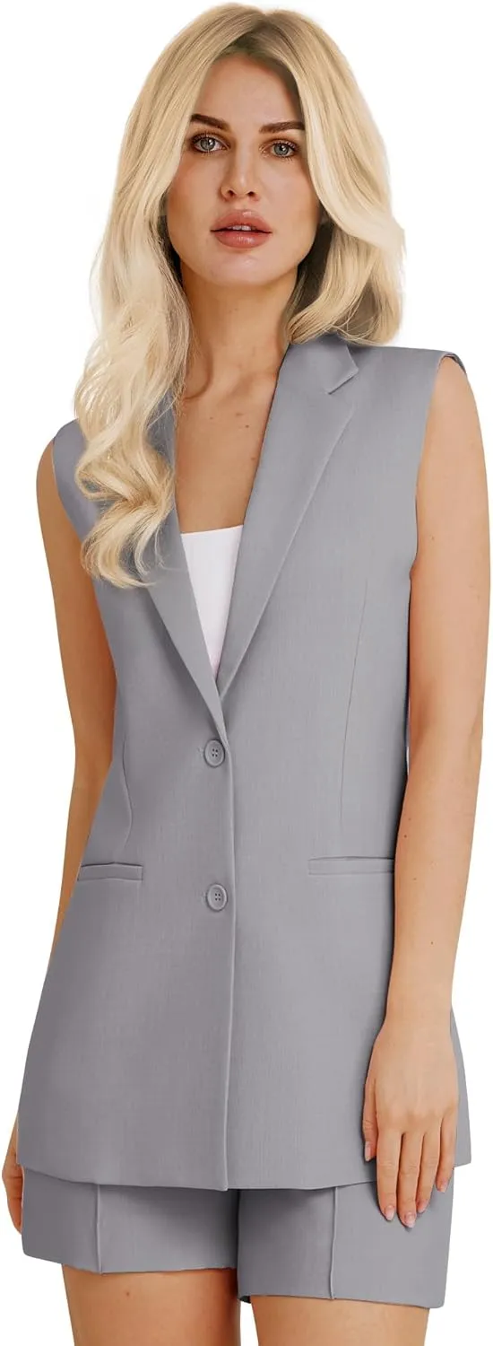 Women's 2 Piece Outfits Sleeveless Suit Vest and Shorts Sets Notch Lapel Two Button Business Casual Blazer Sets