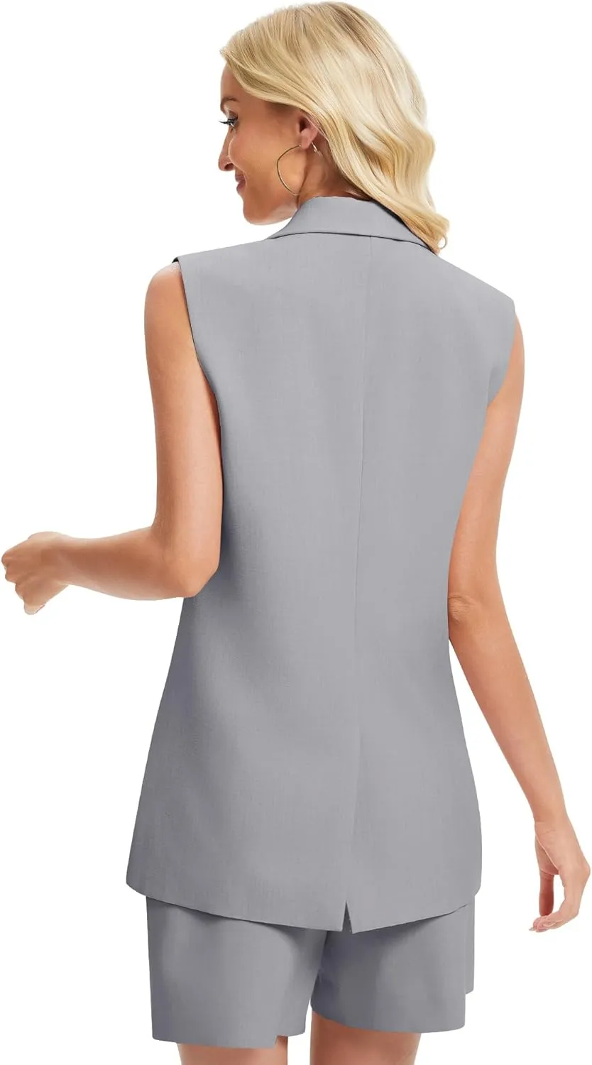 Women's 2 Piece Outfits Sleeveless Suit Vest and Shorts Sets Notch Lapel Two Button Business Casual Blazer Sets