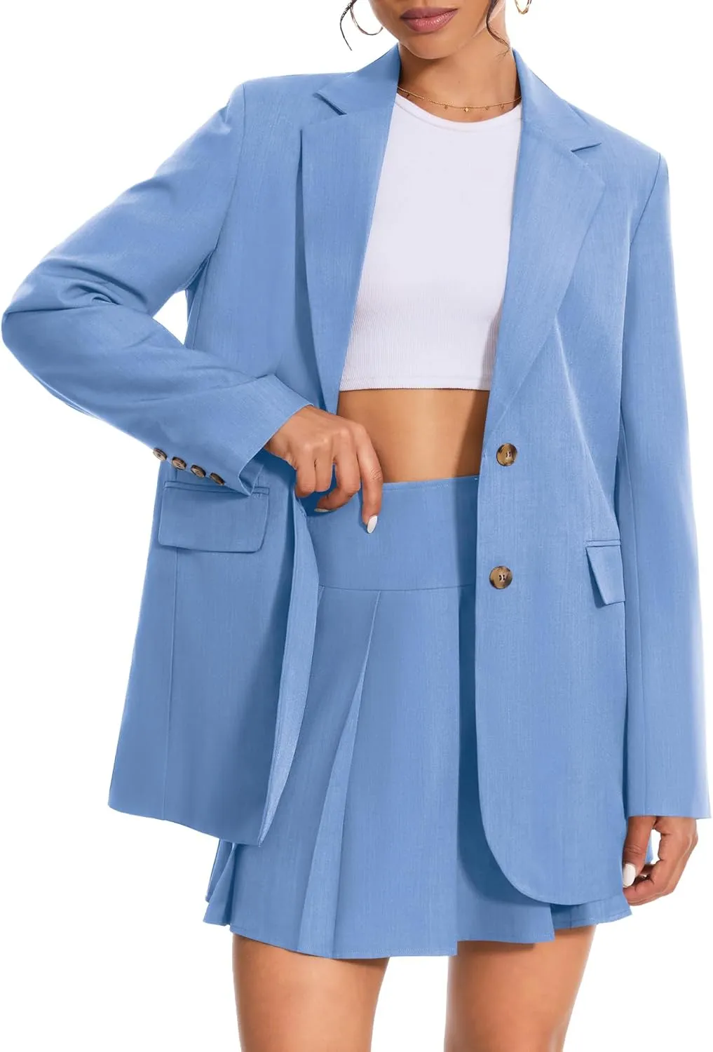 Women's 2 Piece Skirt Sets Business Casual Blazer Suit Mini Pleated Skorts Button Jackets Matching Outfits