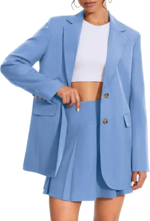 Women's 2 Piece Skirt Sets Business Casual Blazer Suit Mini Pleated Skorts Button Jackets Matching Outfits