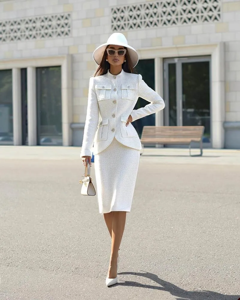 Women's 2 Piece Suit Elegant Tweed Blazer Jacket and Pencil Skirt Sets Trendy Slim Fit Prom Party Wedding Casual