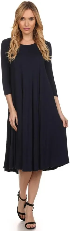 Women's A-line Midi Dress (Large, Navy)