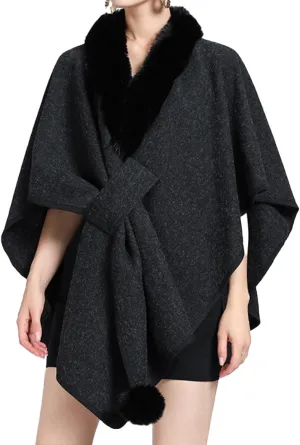Womens Batwing Sleeve Fur Collar Cloak Shawl ScarfFaux Fur Shawls Jackets V Neck Cape Coats