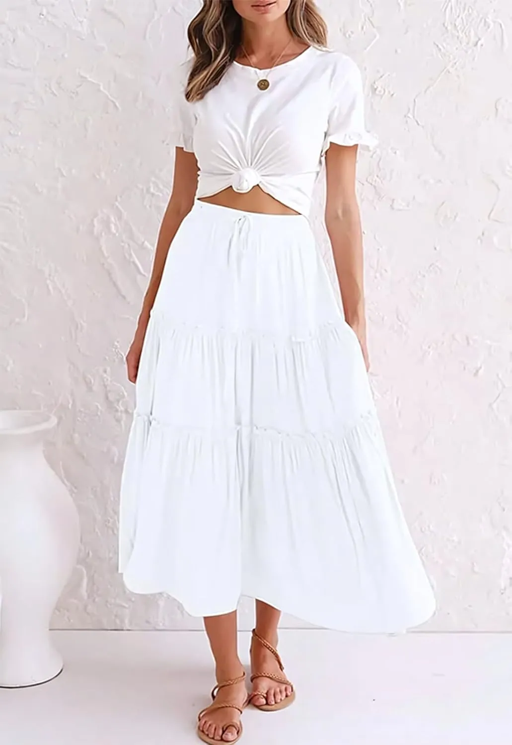 Women's Boho Elastic High Waisted Maxi Skirt Casual A Line Flowy Ruffle Beach Long Skirts