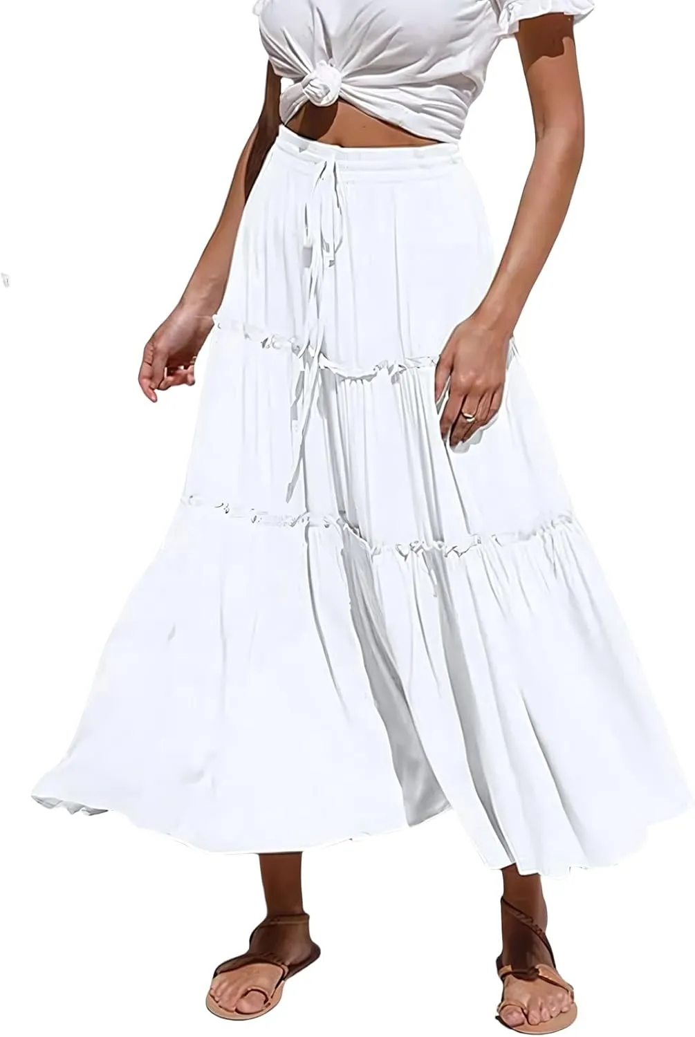 Women's Boho Elastic High Waisted Maxi Skirt Casual A Line Flowy Ruffle Beach Long Skirts