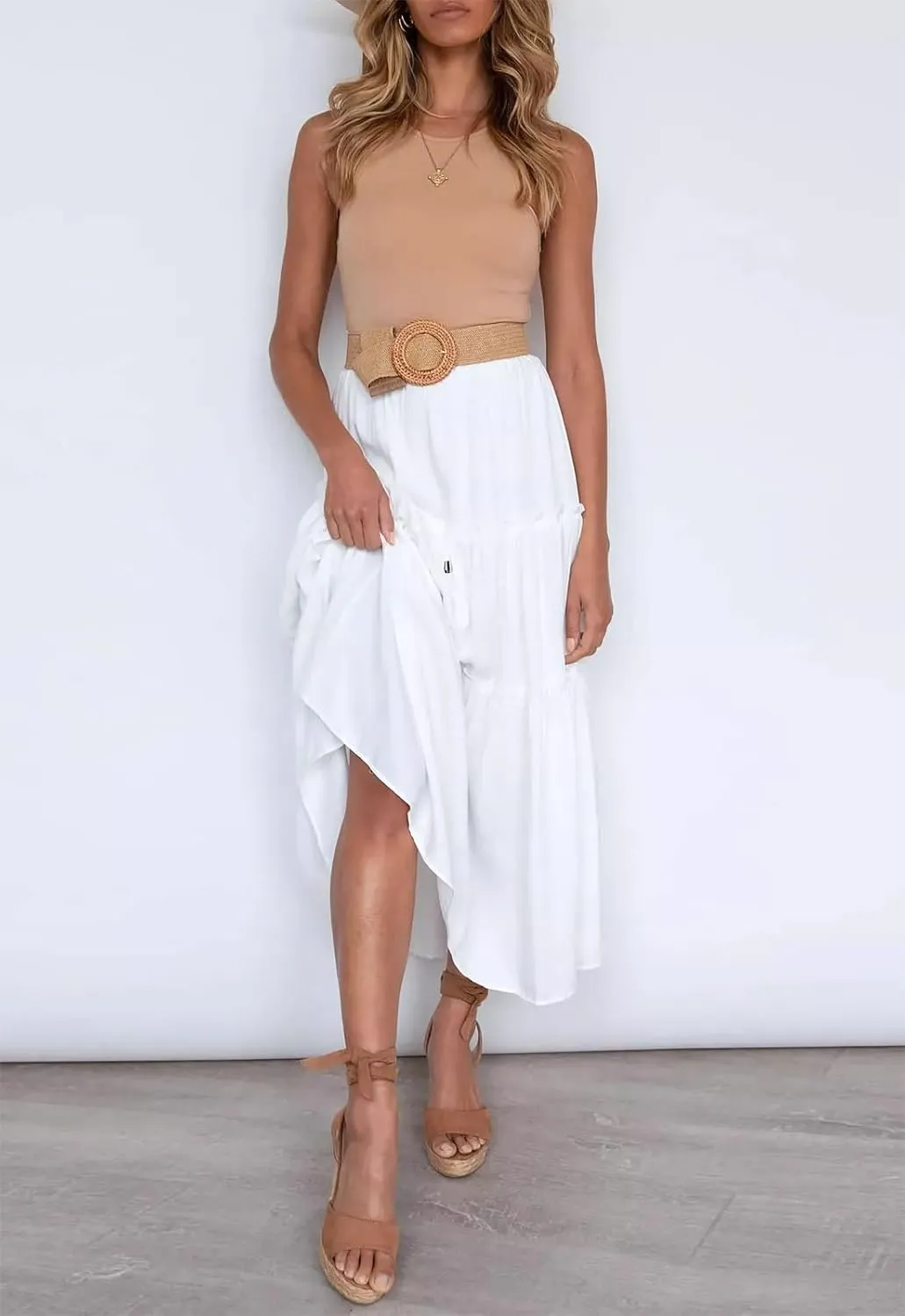 Women's Boho Elastic High Waisted Maxi Skirt Casual A Line Flowy Ruffle Beach Long Skirts
