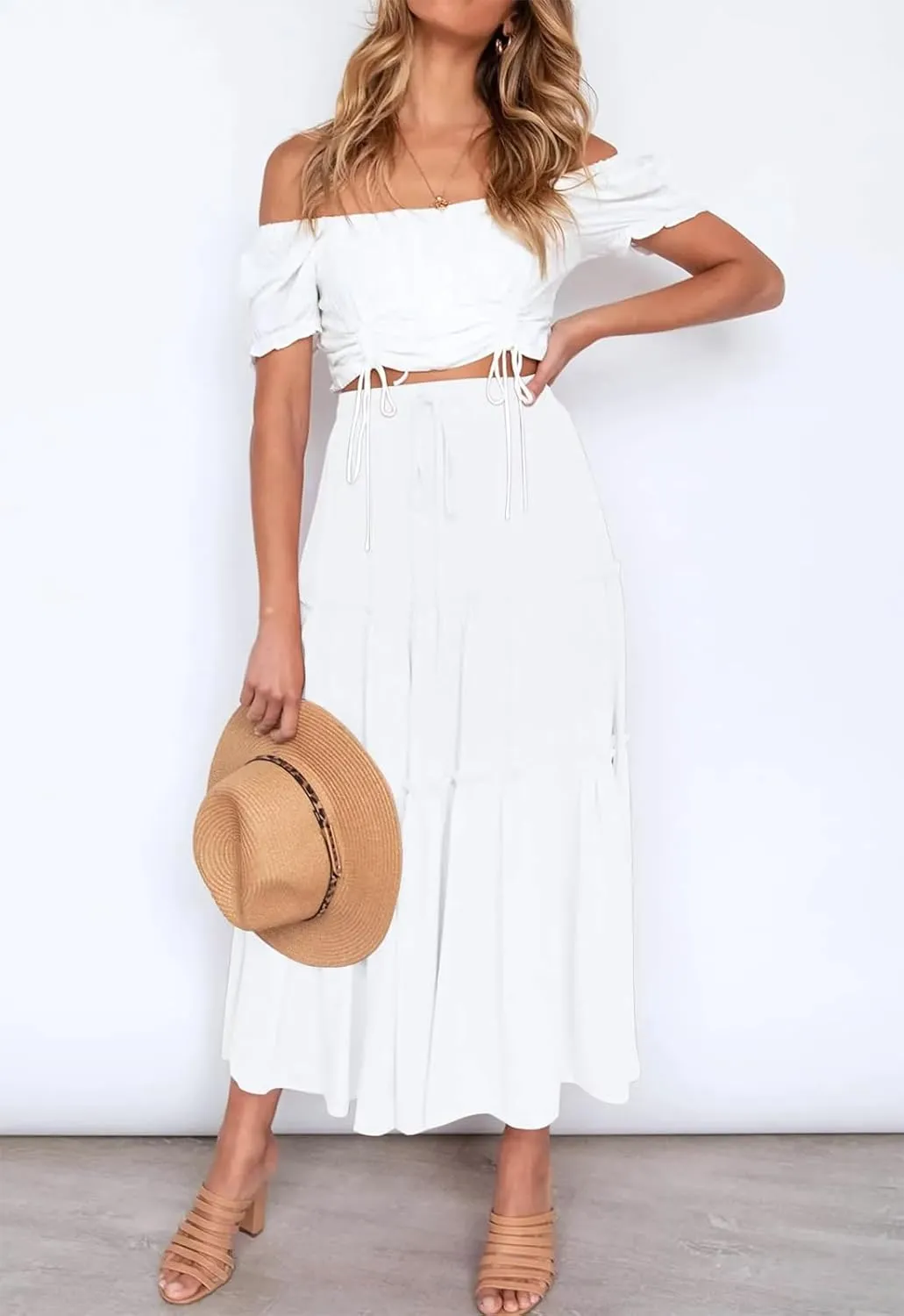 Women's Boho Elastic High Waisted Maxi Skirt Casual A Line Flowy Ruffle Beach Long Skirts