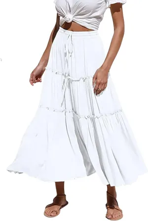 Women's Boho Elastic High Waisted Maxi Skirt Casual A Line Flowy Ruffle Beach Long Skirts