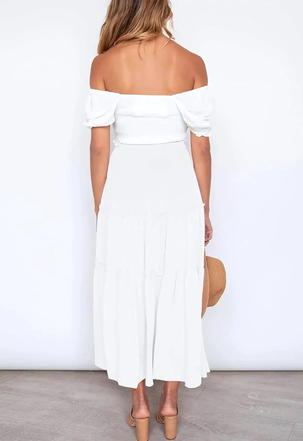 Women's Boho Elastic High Waisted Maxi Skirt Casual A Line Flowy Ruffle Beach Long Skirts