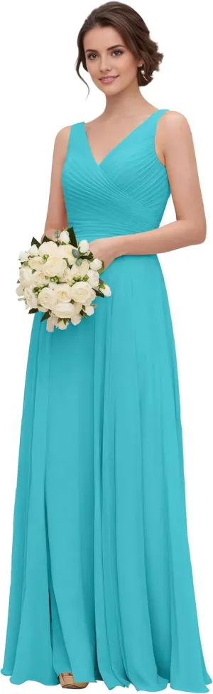 Womens Bridesmaid Dress V-Neck Sleeveless A Line Chiffon Floor Length Formal Dress NO97