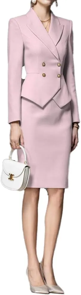 Women's Business Suit 2 Piece Double Breasted Long Sleeve Skirt Suit Set Lady Blazer Solid Slim Fit Jacket Skirt