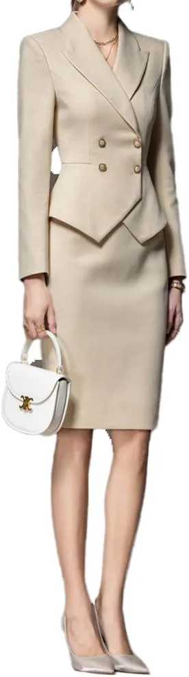 Women's Business Suit 2 Piece Double Breasted Long Sleeve Skirt Suit Set Lady Blazer Solid Slim Fit Jacket Skirt