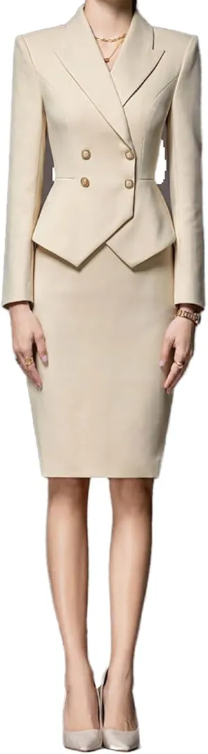 Women's Business Suit 2 Piece Double Breasted Long Sleeve Skirt Suit Set Lady Blazer Solid Slim Fit Jacket Skirt