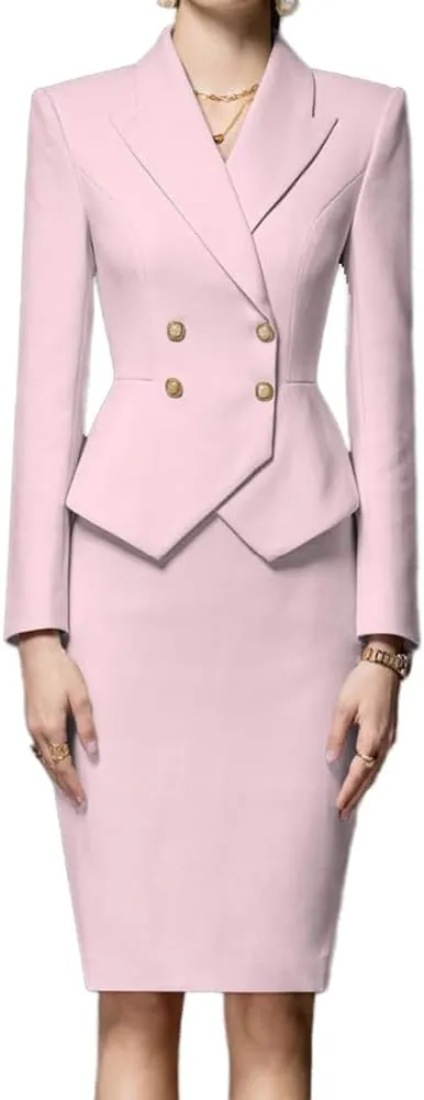Women's Business Suit 2 Piece Double Breasted Long Sleeve Skirt Suit Set Lady Blazer Solid Slim Fit Jacket Skirt
