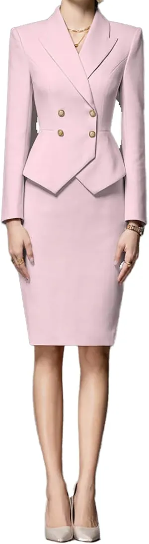 Women's Business Suit 2 Piece Double Breasted Long Sleeve Skirt Suit Set Lady Blazer Solid Slim Fit Jacket Skirt