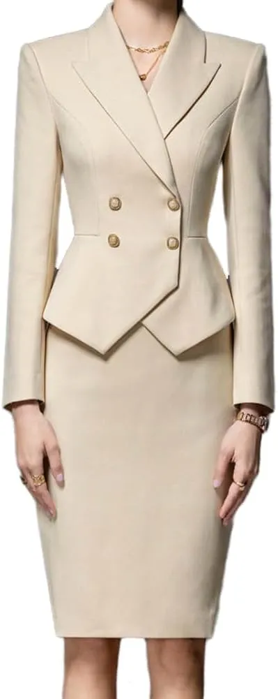 Women's Business Suit 2 Piece Double Breasted Long Sleeve Skirt Suit Set Lady Blazer Solid Slim Fit Jacket Skirt