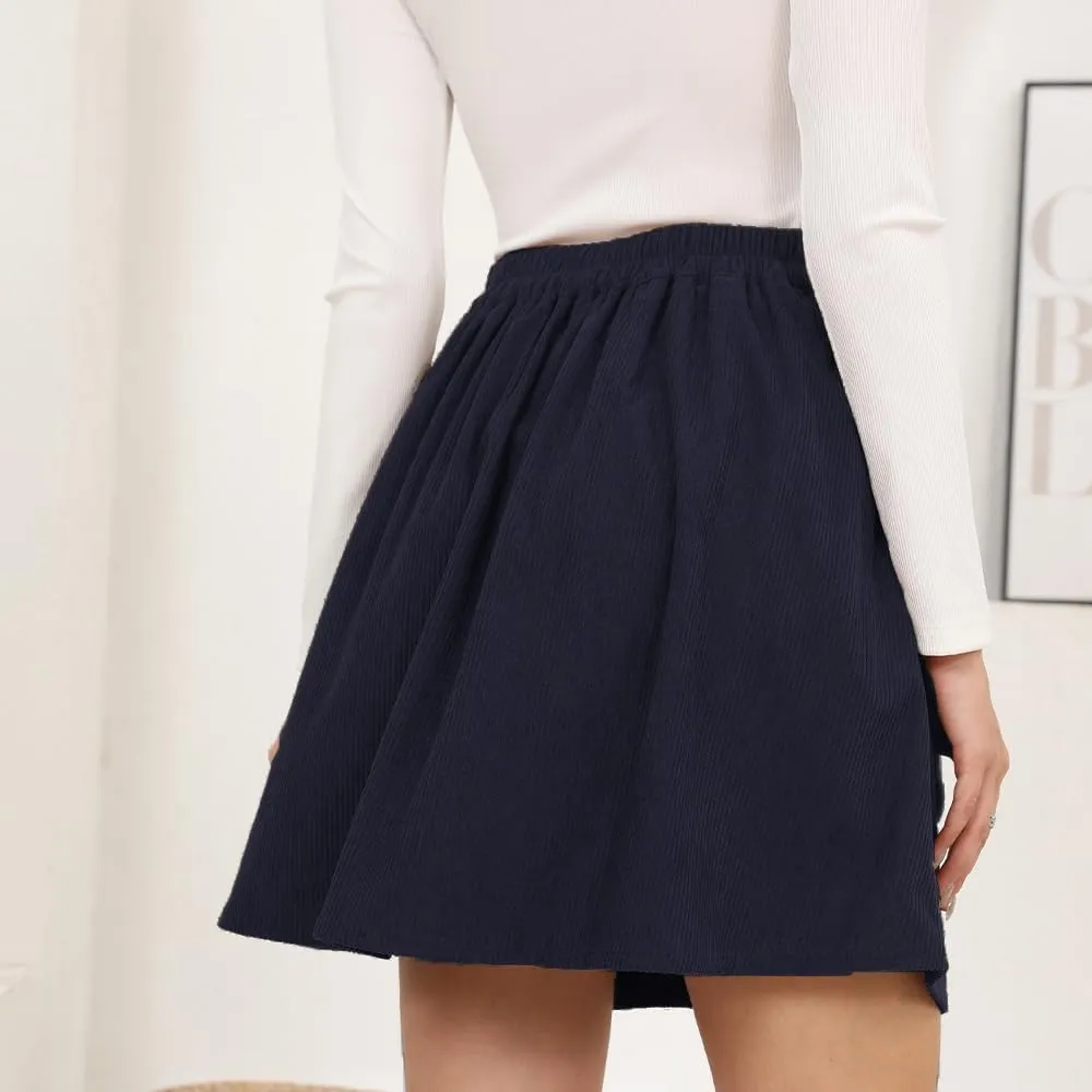 Women's Button Down Corduroy Skirts High Waist A-line Pleated Short Mini Skirt with Pockets