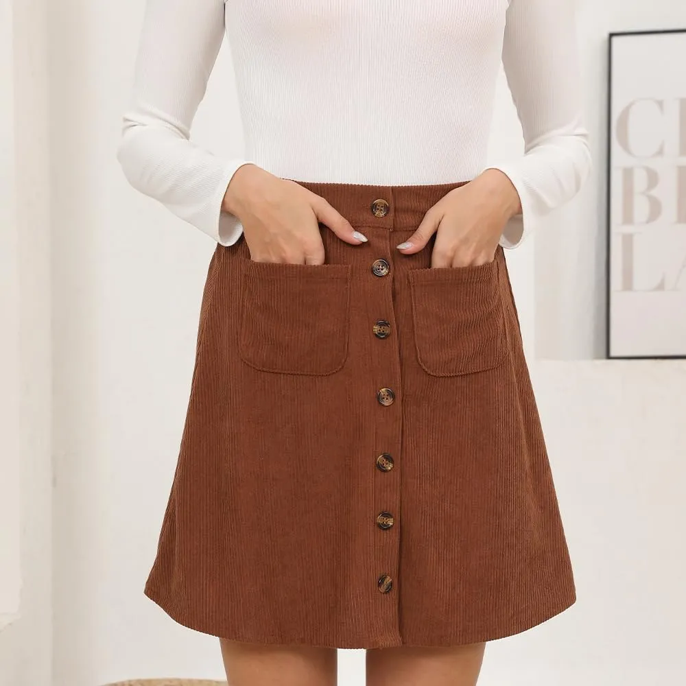 Women's Button Down Corduroy Skirts High Waist A-line Pleated Short Mini Skirt with Pockets