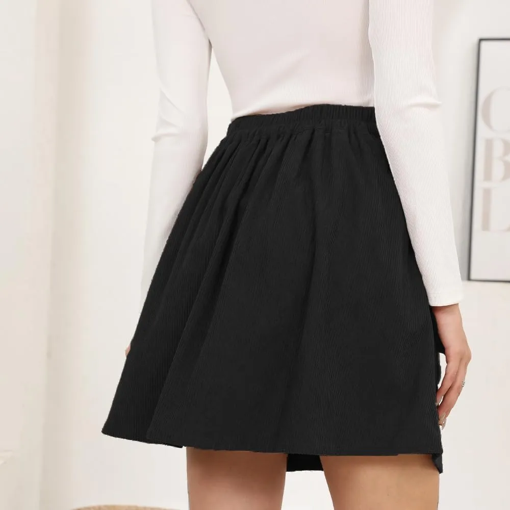 Women's Button Down Corduroy Skirts High Waist A-line Pleated Short Mini Skirt with Pockets