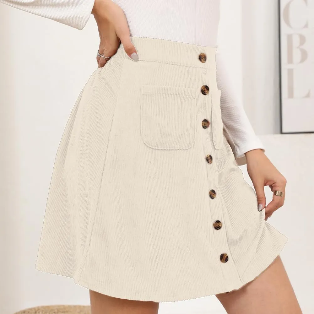 Women's Button Down Corduroy Skirts High Waist A-line Pleated Short Mini Skirt with Pockets