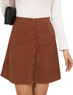 Women's Button Down Corduroy Skirts High Waist A-line Pleated Short Mini Skirt with Pockets
