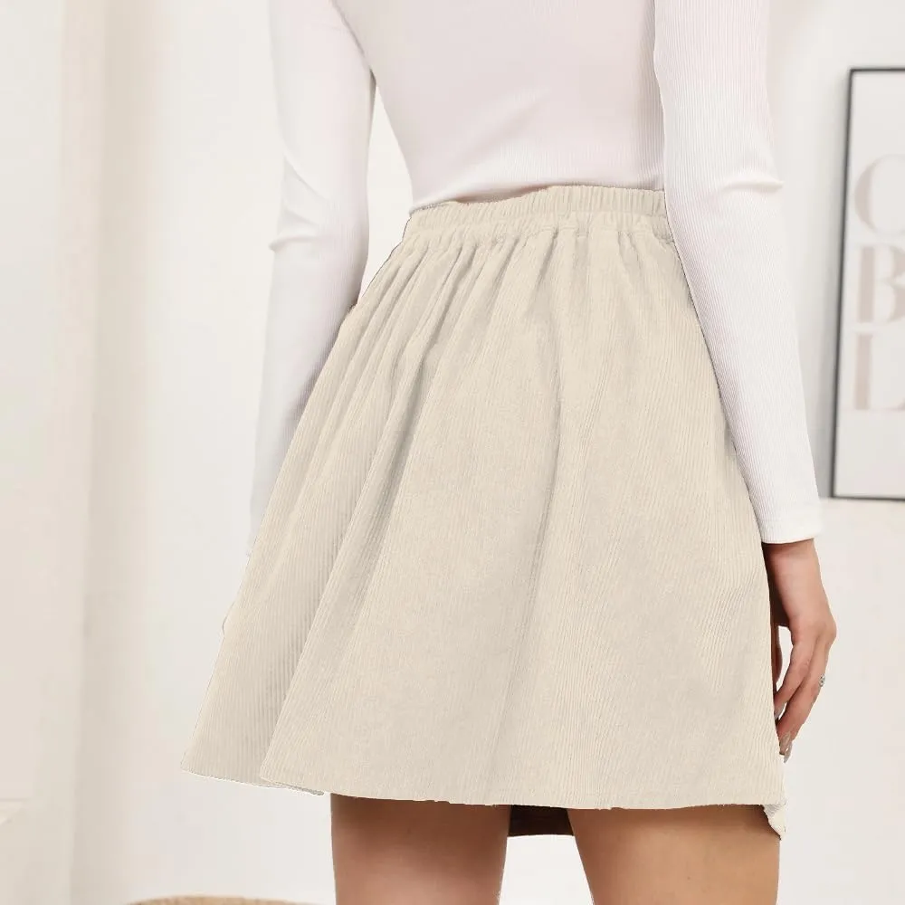 Women's Button Down Corduroy Skirts High Waist A-line Pleated Short Mini Skirt with Pockets
