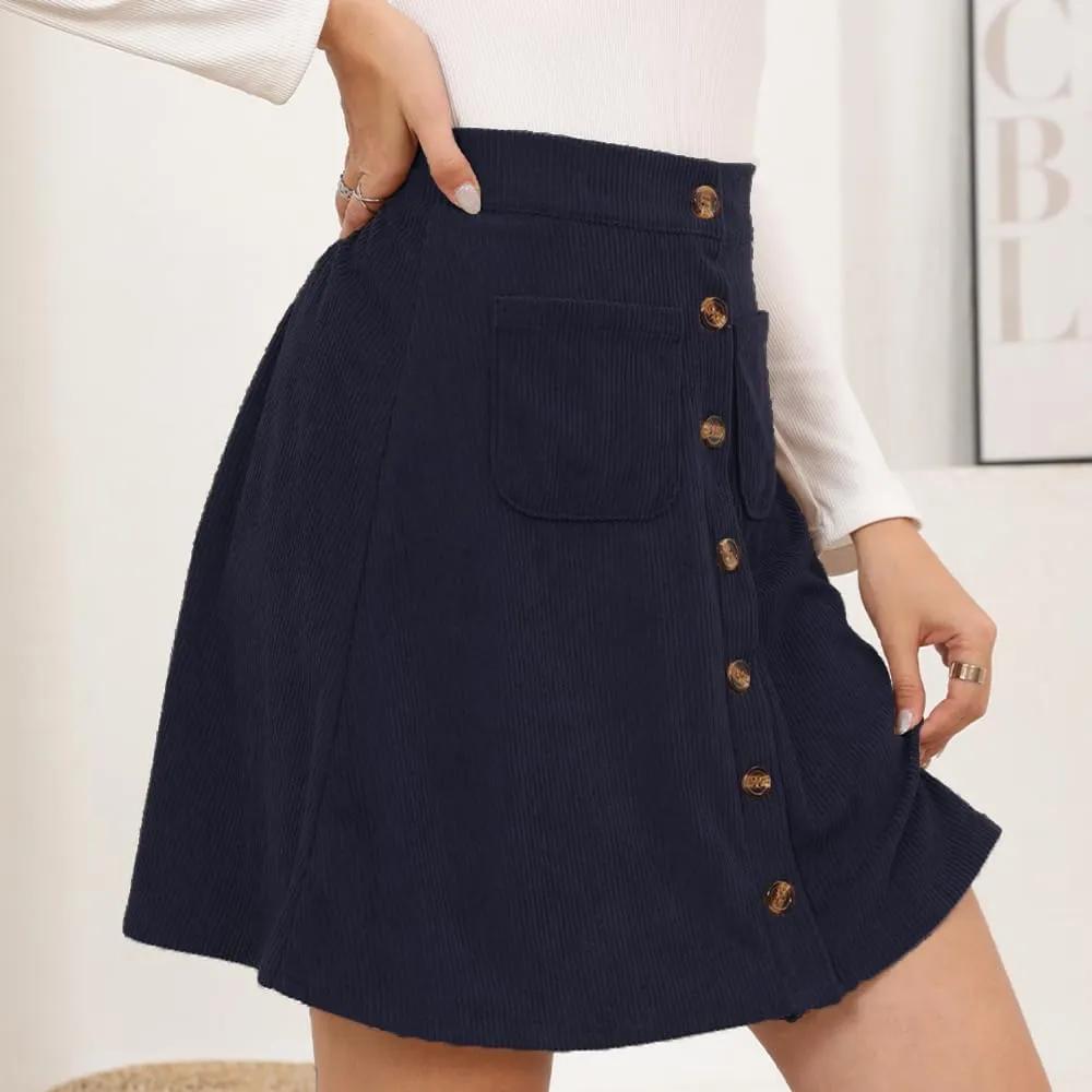 Women's Button Down Corduroy Skirts High Waist A-line Pleated Short Mini Skirt with Pockets
