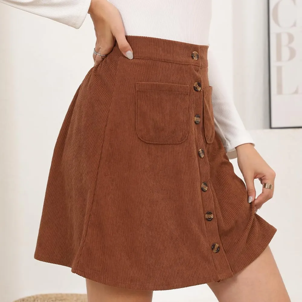 Women's Button Down Corduroy Skirts High Waist A-line Pleated Short Mini Skirt with Pockets