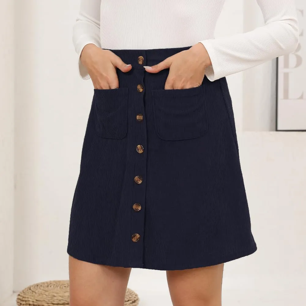 Women's Button Down Corduroy Skirts High Waist A-line Pleated Short Mini Skirt with Pockets