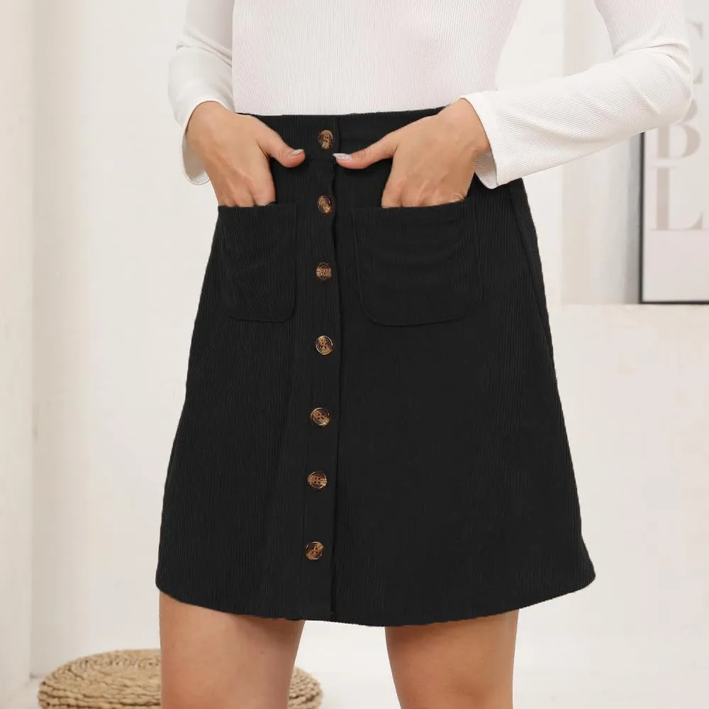 Women's Button Down Corduroy Skirts High Waist A-line Pleated Short Mini Skirt with Pockets