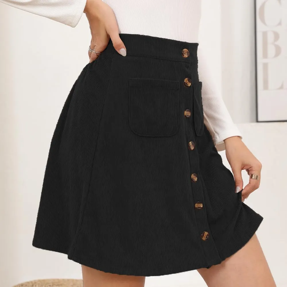 Women's Button Down Corduroy Skirts High Waist A-line Pleated Short Mini Skirt with Pockets