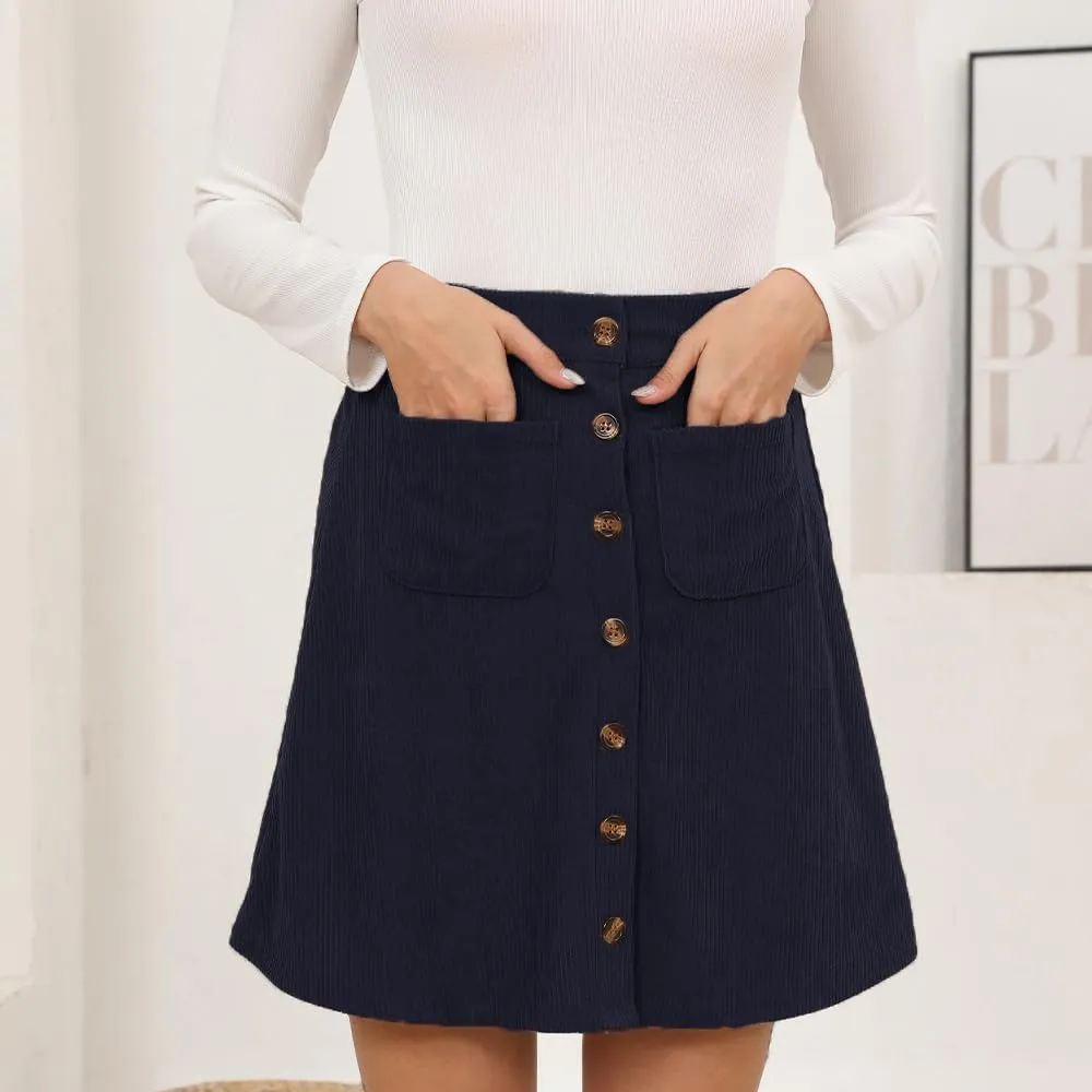 Women's Button Down Corduroy Skirts High Waist A-line Pleated Short Mini Skirt with Pockets